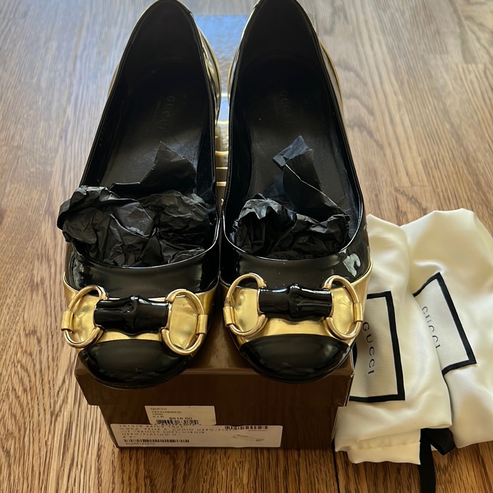 Gucci Moca Pelle Cuoio Nero/ Plati VIT. Vernice Soft/ Miroir Flats Size 6.5